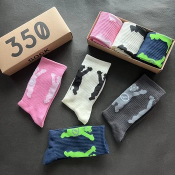 Men's Socks Happy Bear Pink Fashion Street Cotton Socks New Ins Internet Celebrity Man Sports Basketball 3 Pairs/Box Gift Pack 1
