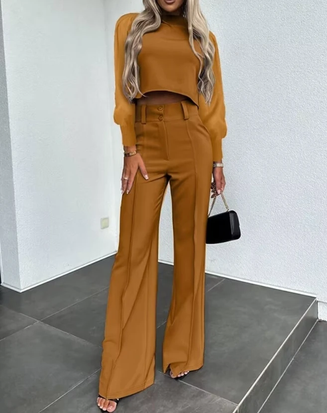 Pants Set Women 2 Piece 2023 New Fashionable Temperament Commuting Casual Puff Sleeve Crop Tops and Buttoned Work Wide Leg Pants