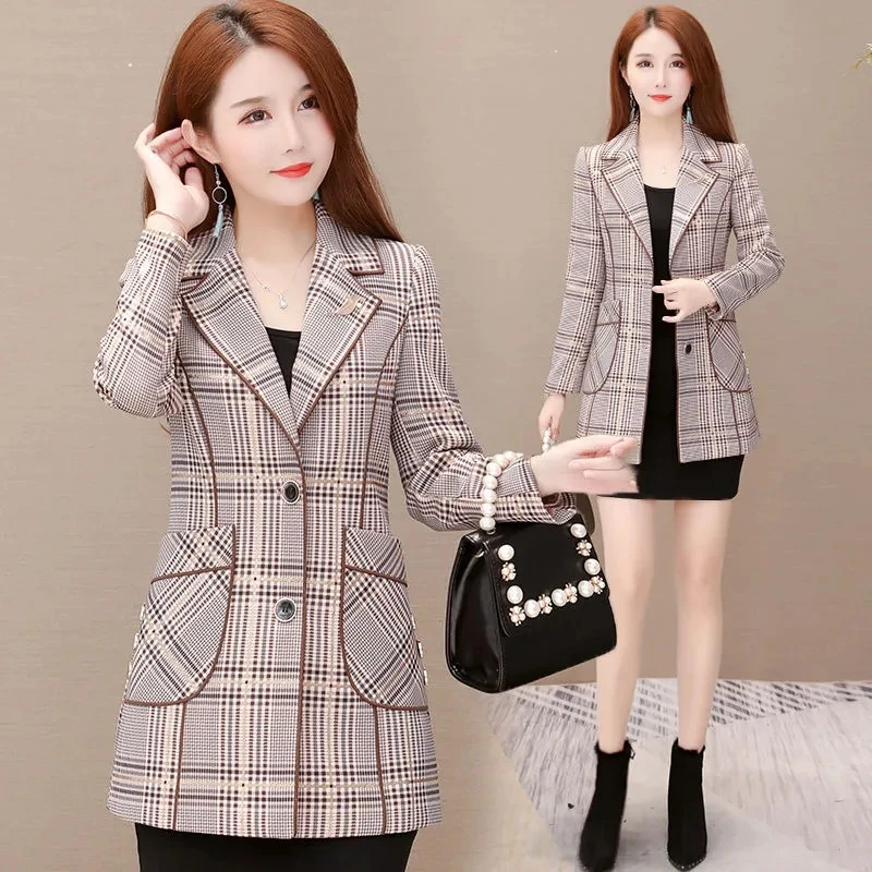 New Suit Ladies Plaid Long Coat In The Spring Of 2023 New Temperament Moms Fashion Slim Loose And Explosive Suit Pocket CoatTide