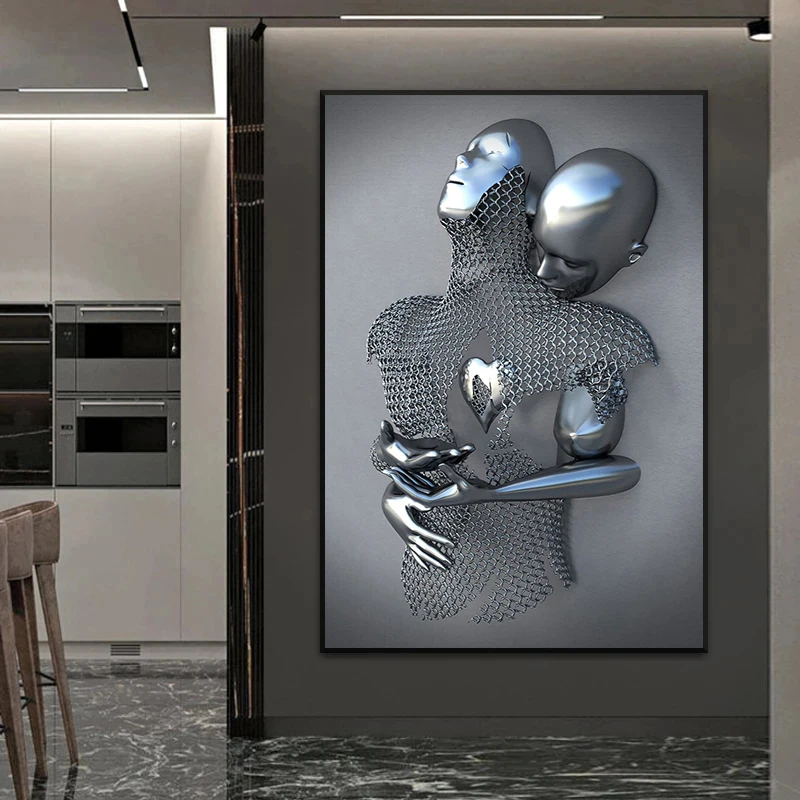 금속 피규어 커플 포옹 동상 아트 캔버스 그림, 로맨틱 포스터 및 프린트 벽 아트 그림, 거실 홈 데코