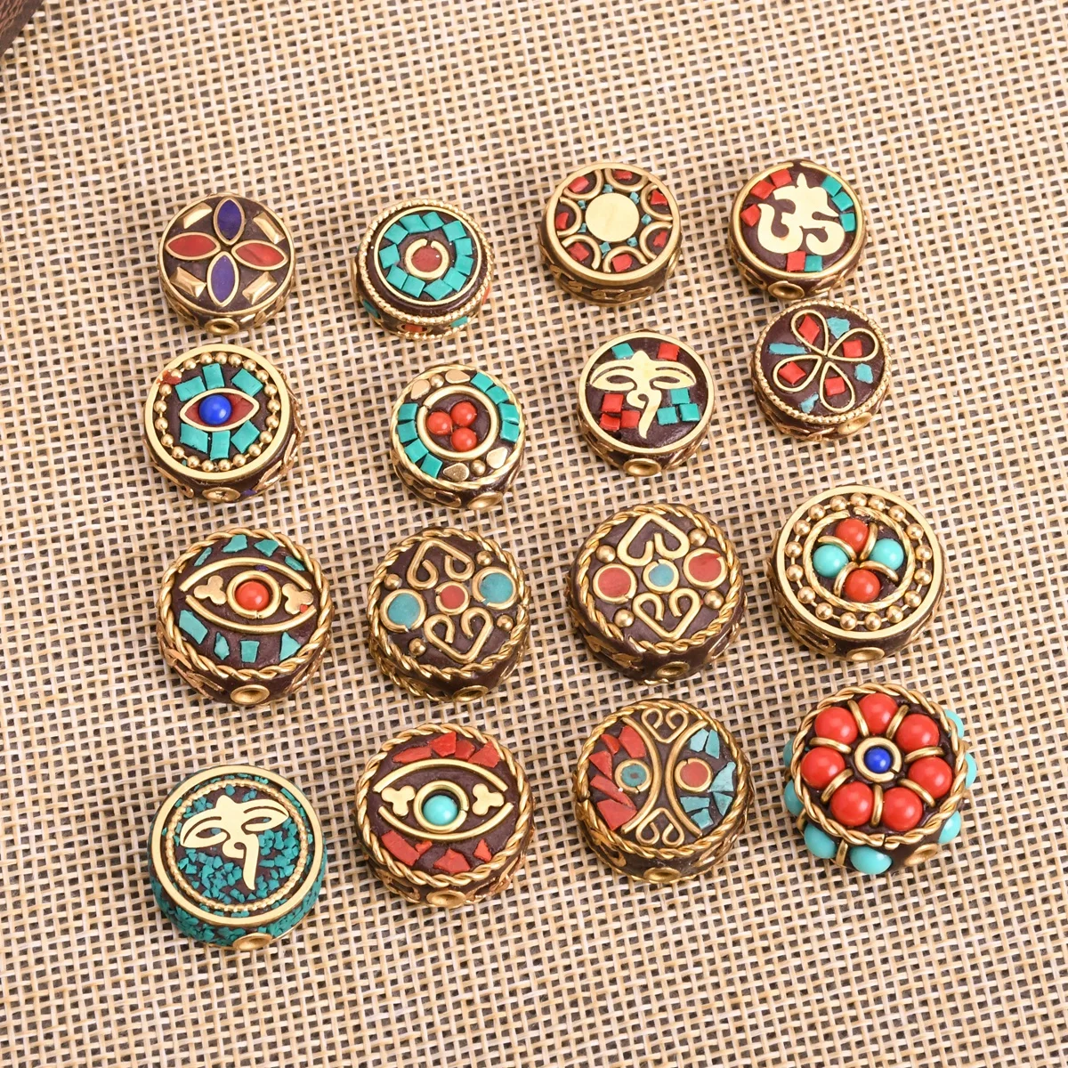 Nepalese Buddhist Handmade Flat Round 16mm-22mm Tibetan Brass Metal & Clay Loose Craft Beads for Jewelry Making DIY Necklace 1pcs 45mm flat round handmade nepalese buddhist tibetan brass metal