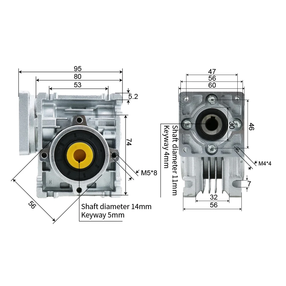 NMRV030 Nema23 스테핑 서보 모터용 웜 감속기 기어박스 60mm x 60mm 토크 2.6-24Nm 입력 샤프트 11mm 출력 14mm