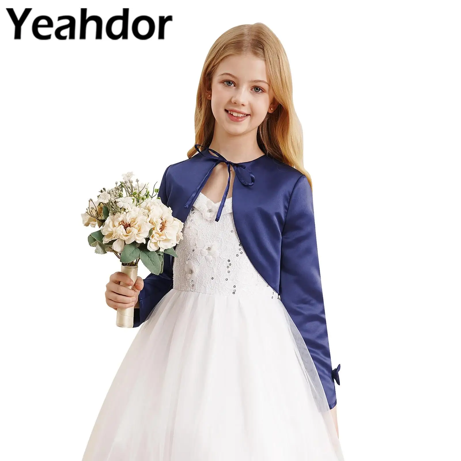 Flower Girls Jacket Kids Elegant Stain Bolero Shrug Shawl Top Children Long Sleeve Open Front Crop Cardigan Wedding Accessories