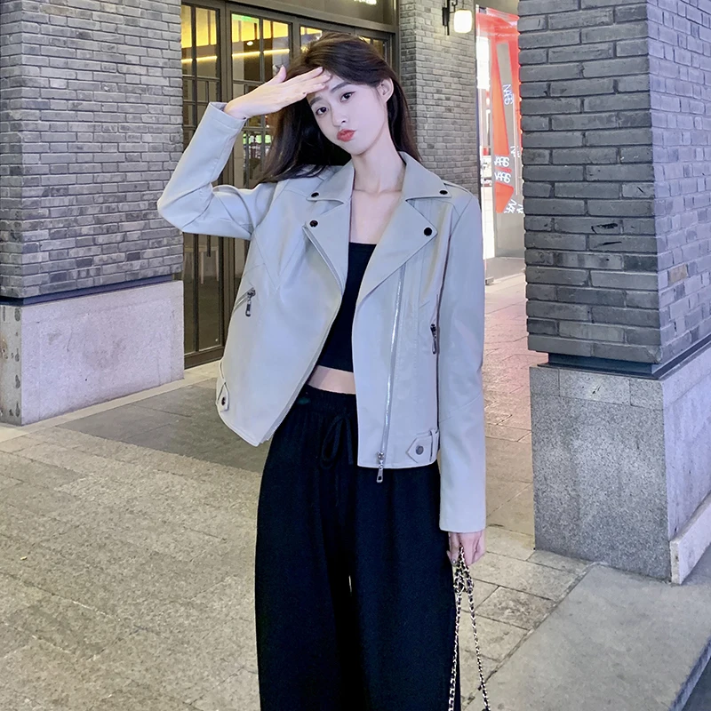 

Motorcycle PU Leather Short Jacket for Women 2023 Autumn New Streetwear Hip Hop Punk Gothic Slim Fit Casual Coat Outerwear 8262