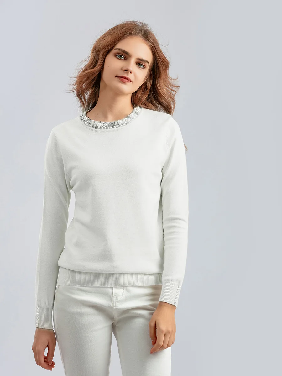 Chic Beaded O-neck Knitted Tshirts Women Spring Casual Slim Knitwear Jumper Tops Korean Long Sleeve Malhas Tee New Thin Sweater