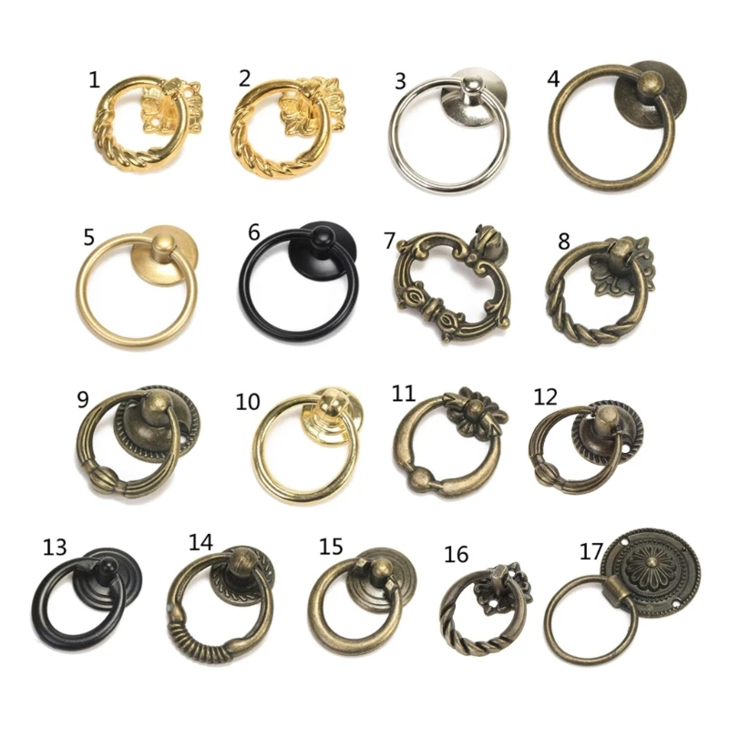 N0HB Antique Cupboard Handle Vintage Ring Pulls for Creative Decorative Furniture Han