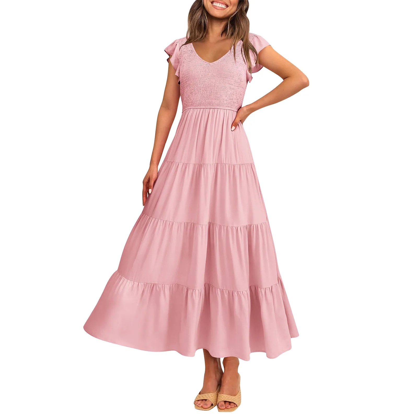 

Women's Casual Dresses, Short Sleeve Tie V Neck Ruffled Midi Flowy Dress Women's V Neck Short Sleeve Summer Maxi Dress