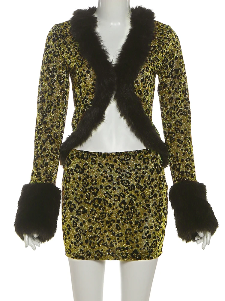 Nibber Wild Leopard Print 2Piece Set Woman Autumn Trend Furry Patchwork Full Sleeve Tops+Skinny Mini Skirts Street Style Outfits