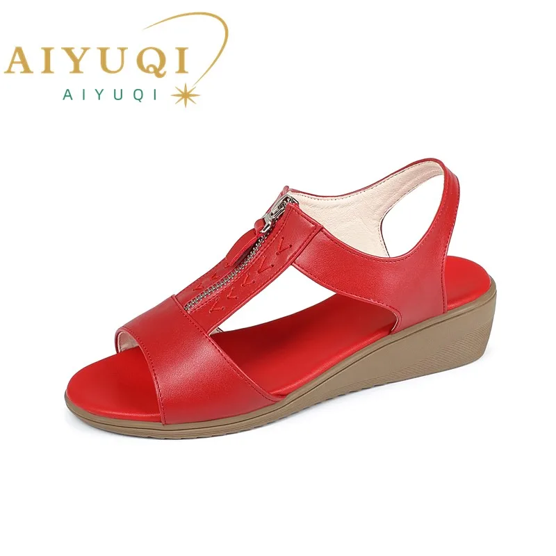 

AIYUQI Women Sandals Summer 2024 New Red Non Slip Sandals Women Wedge Comfortable Zipper Large Size Ladies Sandals