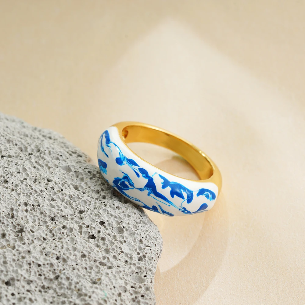 Creative Minimalist White Blue Enamel Smooth Circular Knuckle Ring Hypoallergenic Statement Chunky Rings Designer Jewelry Кольца
