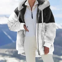 Warm Furry Patchwork Loose Women's Jacket with Zipper Pocket Autumn Winter Outerwear Coat for Women Cross-Border Popular