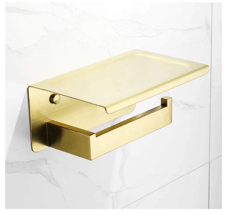 Toilet Tissue Holder Phone Shelf Brushed Gold Hanging Paper Towel Rack