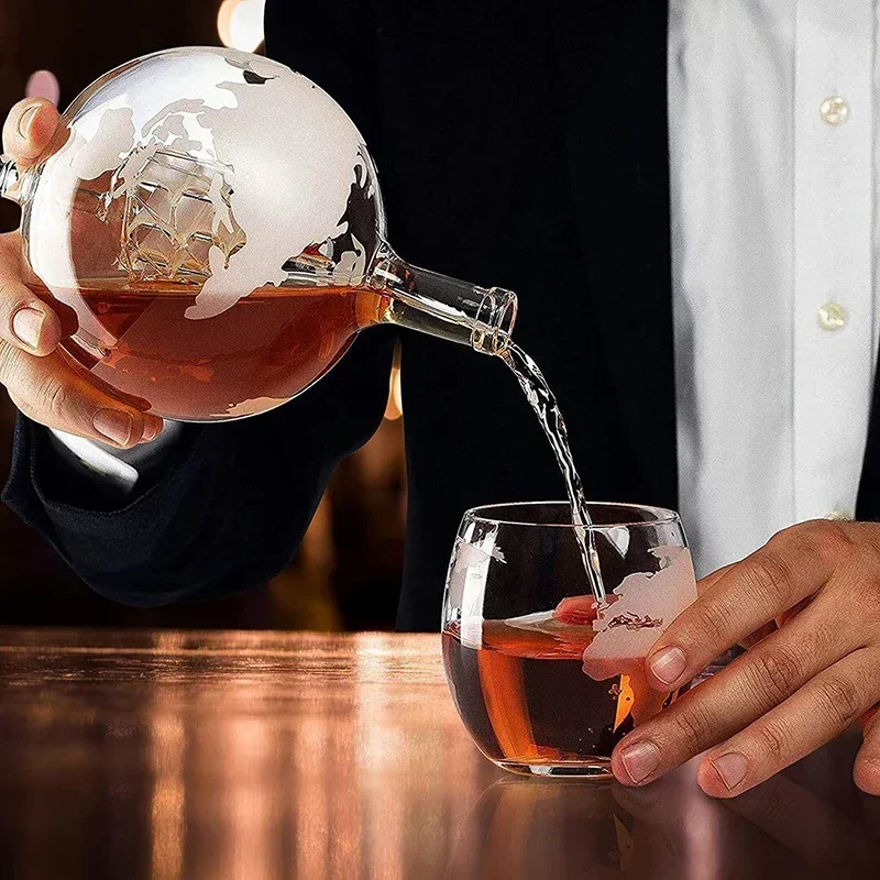Creative Globe Decanter Set with Lead-free Carafe Exquisite Wood-stand and 2 Whisky Glasses Whiskey Decanter Globe Grade Gift — view 3