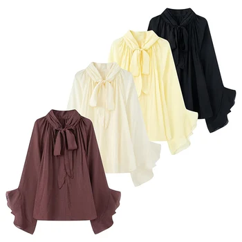 Perspective Women Shirt 2026 Spring New Bow Tied Blouse Woman Tops Lady Ruffles Flare Sleeve Loose Elegant Blouses 1