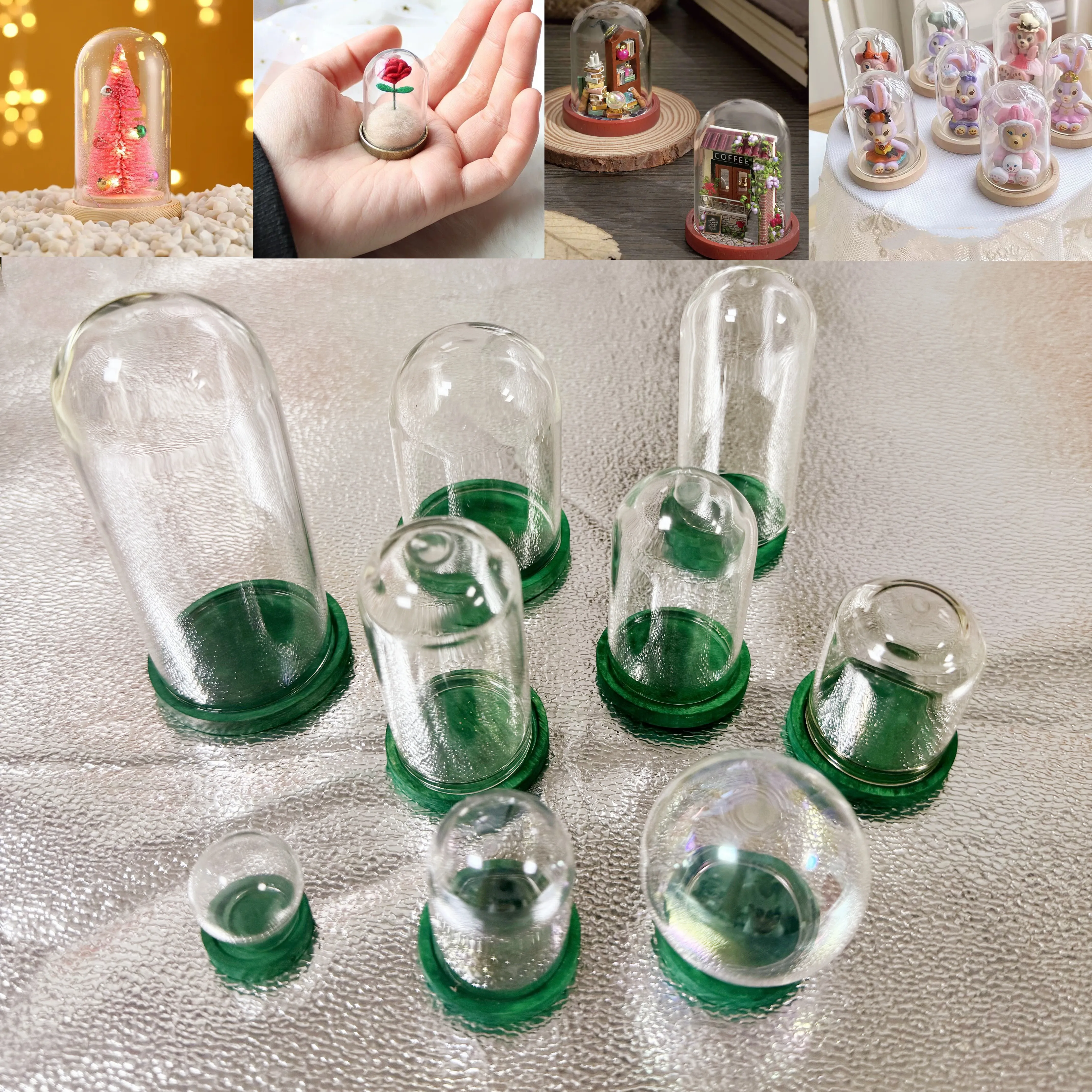 30X Mini Glass Cloche Dome Container With Green Base Terrarium DIY Glass Display Domes For Decor Tabletop Garden Wedding Office 4