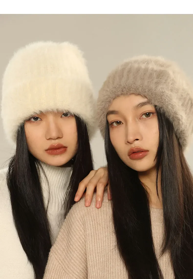 Autumn Winter Women's Wool Soft Fur Warm Oversize Knitted Sullies Cap Outdoor Leisure Solid Beanie Hat Bonnet Gorras_voghion.com