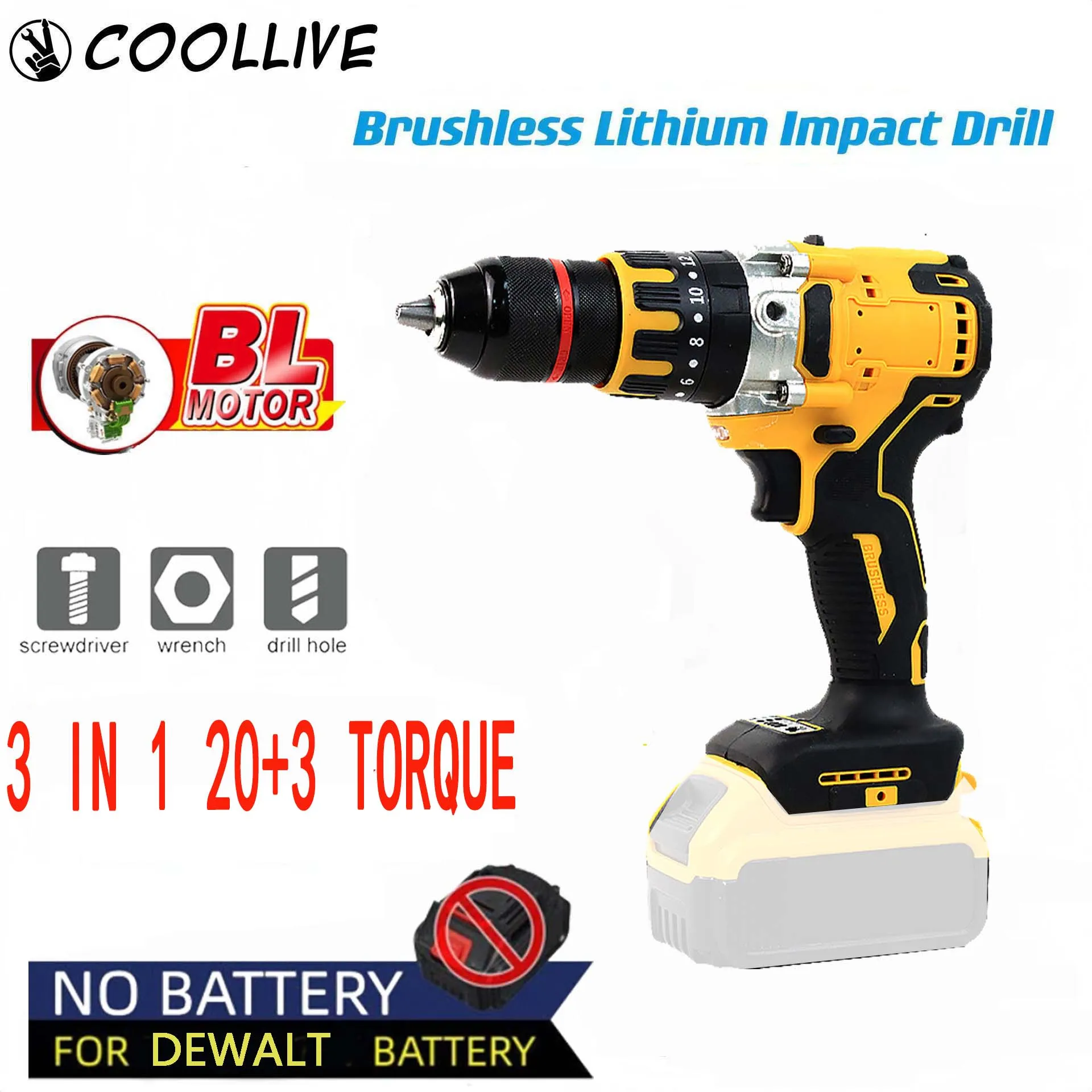 21V Electric Drill Brushless  Cordless Impact Hammer Drill Screwdriver  13MM Chuck Power Tools For Dewalt 21V Battery（no battery 90 degree right angle keyless chuck impact drill adapter electric power cordless drill attachment angle adaptor 8mm hex shank