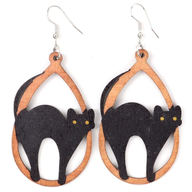 Boucles d'oreilles pendantes chat noir - Bijoux animaux