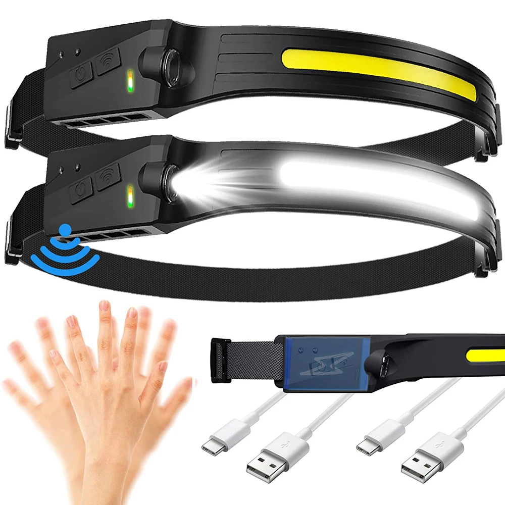 LED Headlamp COB Head Lamp with Built-in Battery Flashlight USB Rechargeable Head Torch 5 Lighting Modes Weatherproof Head Light