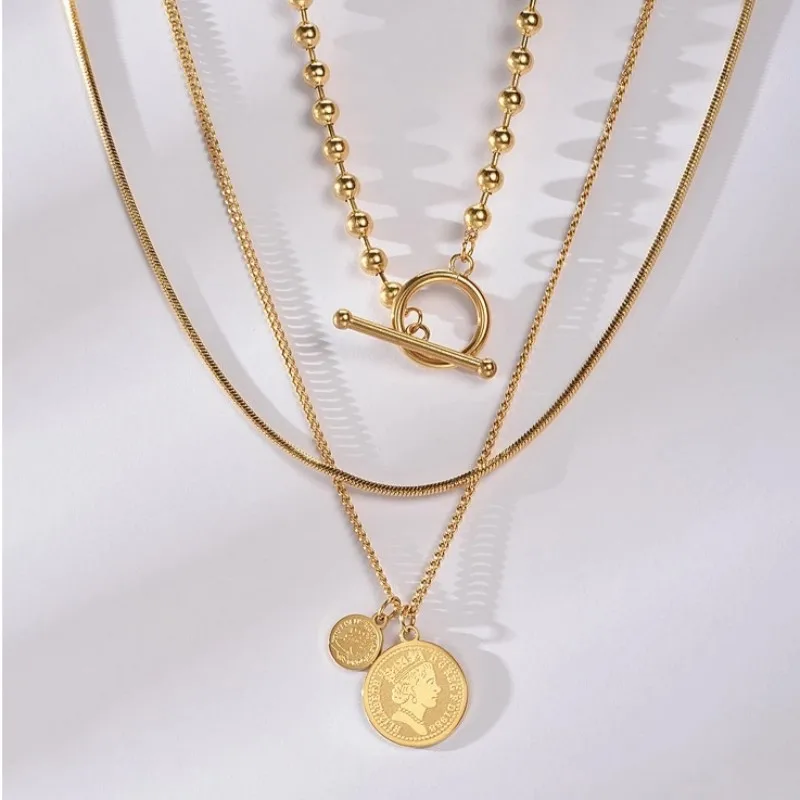 Stainless Steel Multi Layer Queen Pendant Necklace for Women 2025 New Fashion Sweater Chain Necklace Party Jewelry Gifts