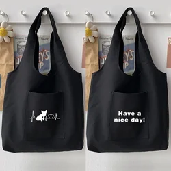 Woman Casual Cartoon Black Shoulder Bag Handbag Cute Food Pattern Printing Series Tote Bag Canvas Bag Student Soft Commuter Bag