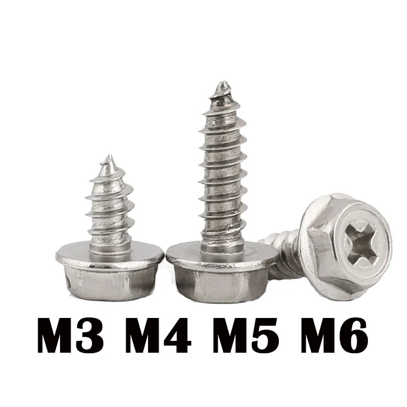 

304 Stainless Steel Cross Flange Outer Hexagon Self-tapping Screw with Pad Self-tapping Screw Wood Screw M3M4M5M6