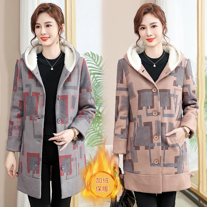 

Women's Plaid Fur Coat, Mid Long Coats, Plus Velvet, Thick Hooded, Warm Wool, Lady, Autumn, Winter