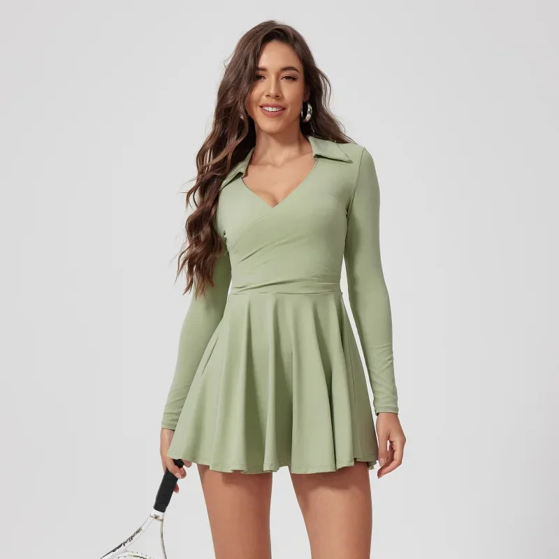 Tennis Dress One-Piece Jumpsuits Sports Fitness Golf Badminton Long-Sleeved Skorts Slim Tracksuits with Chest Pads Yoga Suits