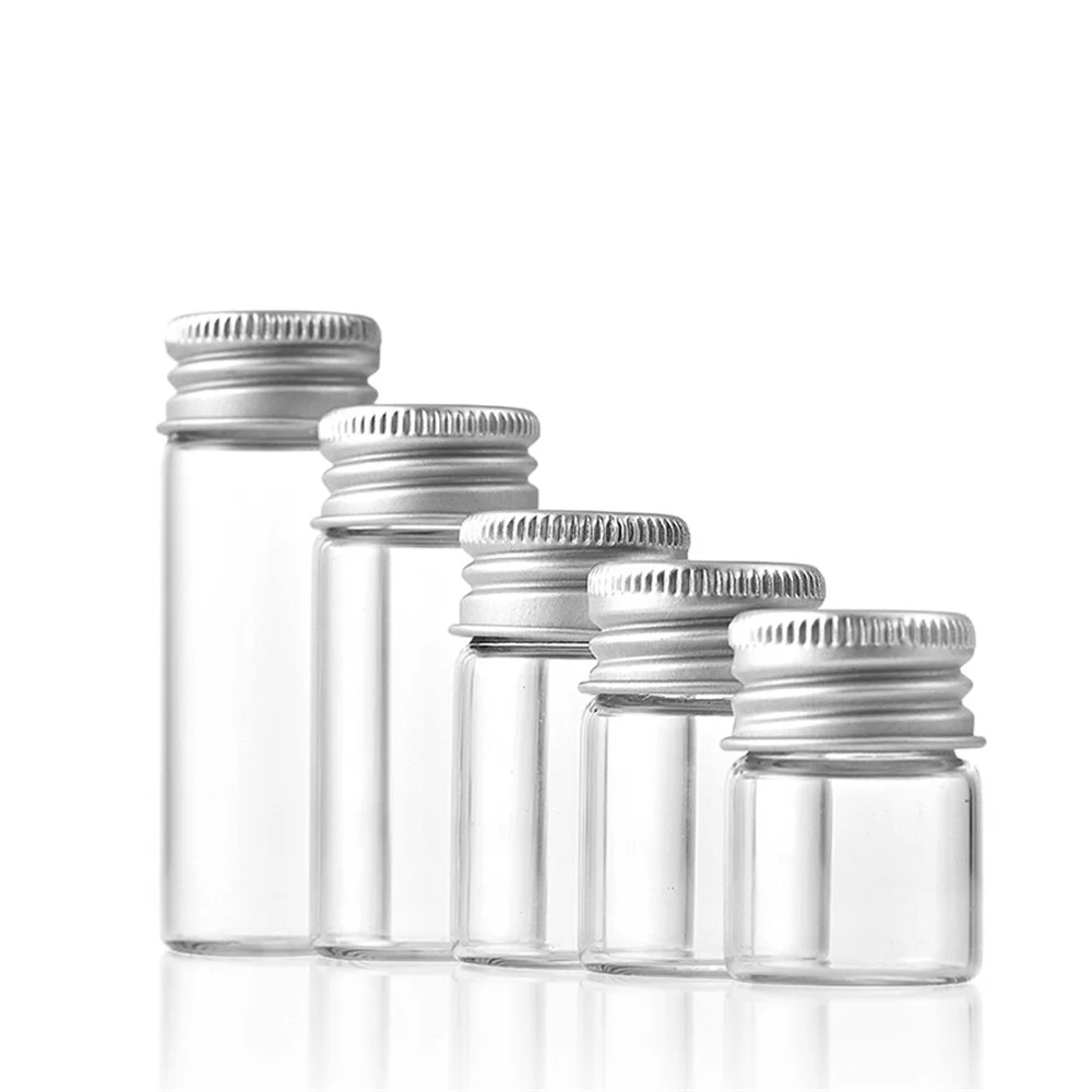 15/25/60/80/100ml Mini Clear Glass Bottles Screw Top Aluminum Lids Sealed Container Sample Capsule Tube Jars Transparent Vial 3