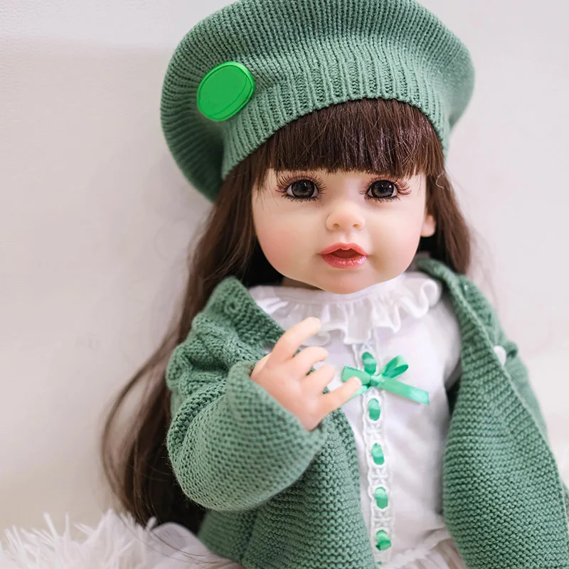 

55cm 22inch Reborn Toddler Girl Full body Soft Silicone Vinyl With Green Cloth lifelike Baby Doll Christmas Gift