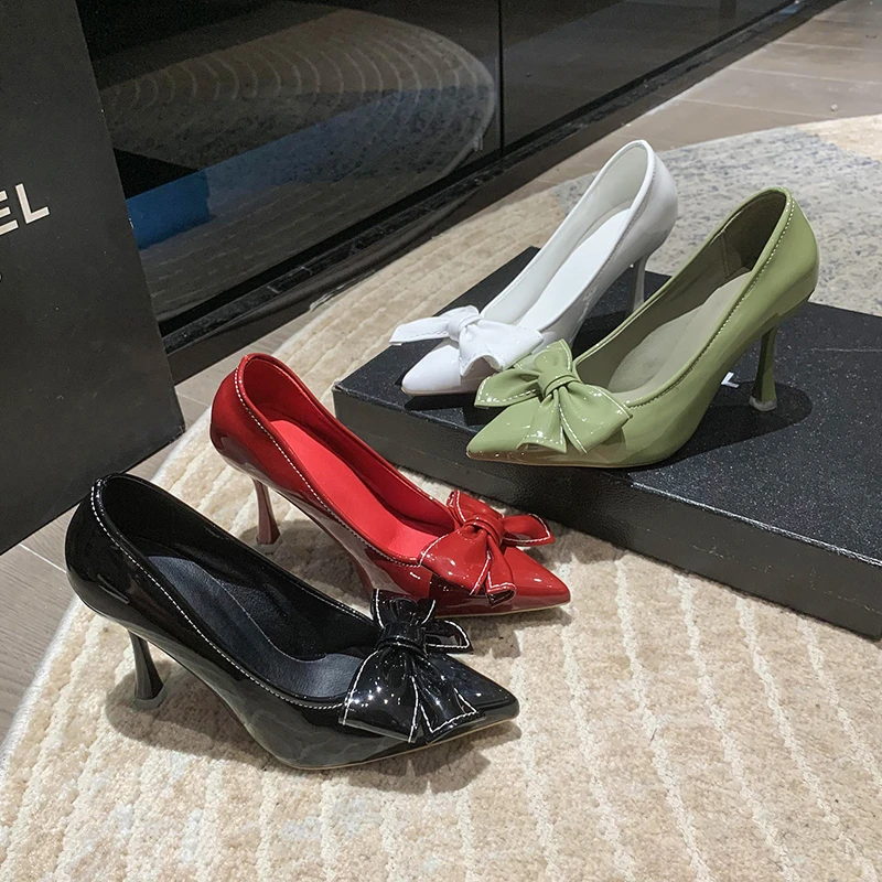 Red Sweet Bowtie Style Pumps Women Slip-On Crystal High Heels Shoes Woman Flock Pointed Toe Elegant Bridal Shoes Women Sandals