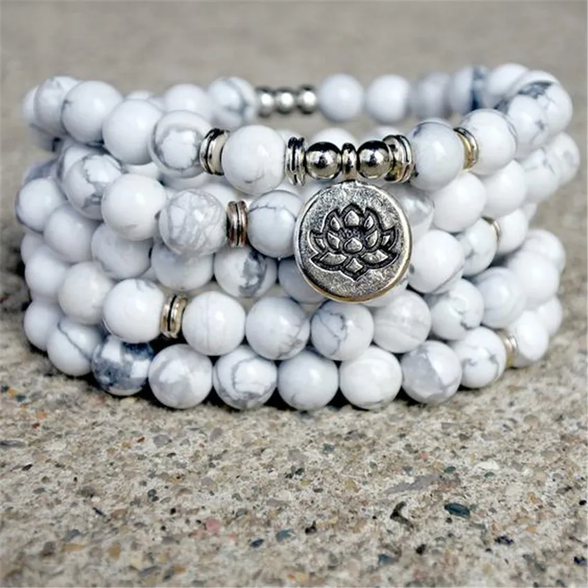 8mm Howlite Stone 108 Beads Lotus Pendant Necklace Men's Japa Wear Bohemian Trendy Charm Mala