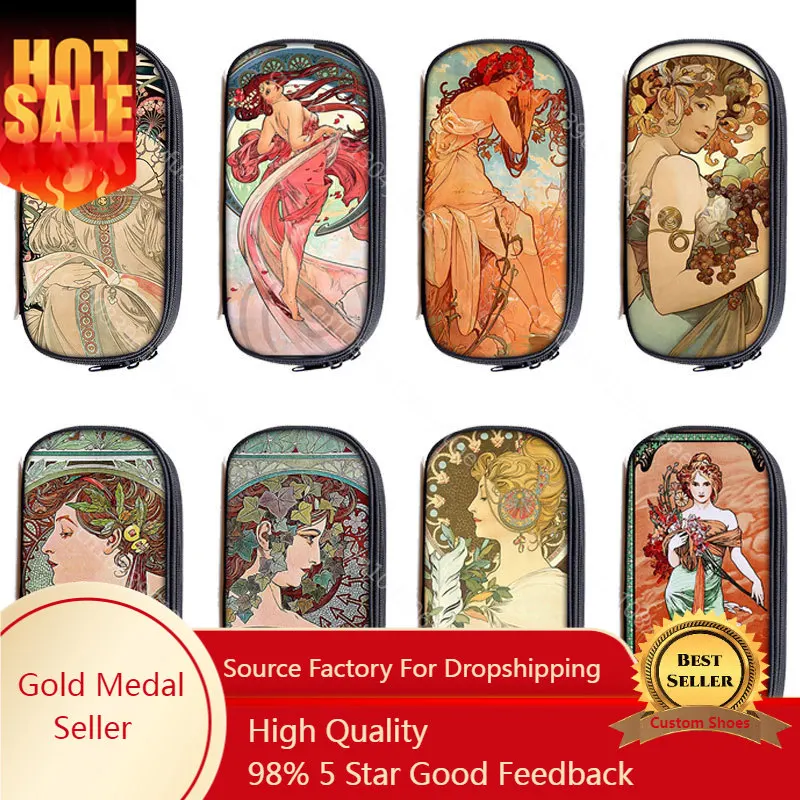 

Oil Painting By Alphonse Mucha Print Makeup Bag Pencil Bag Women Makeup Bag Teenager Pencil Box Pencil Cases Cosmetic Cases