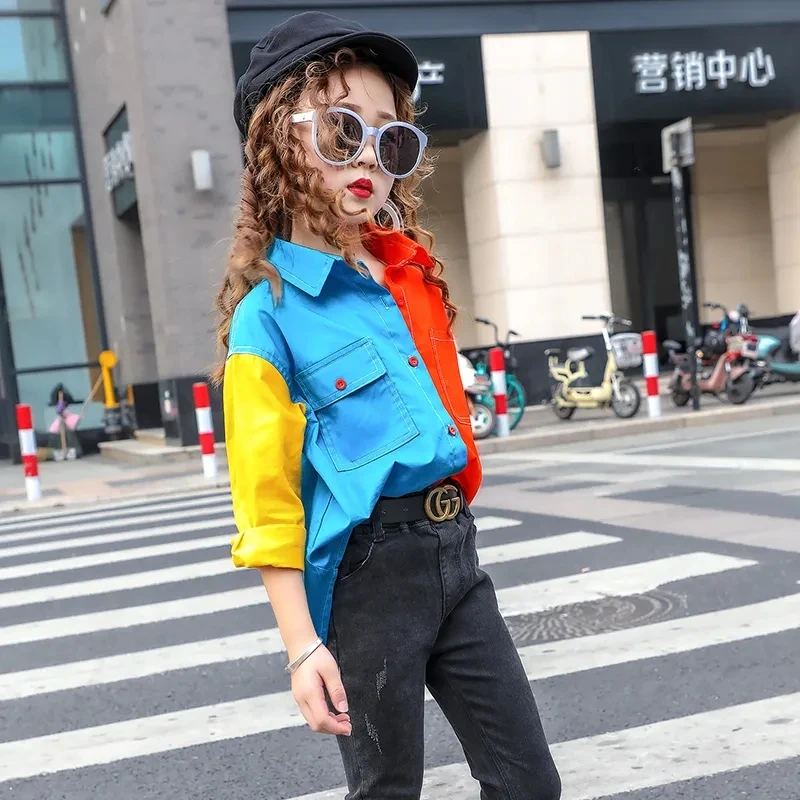 

Children's Clothing Shirt Boys And Girls' Cotton Patchwork Autumn 2023 Middle Foreign Style Spring Long-Sleeved Baby Net Red Top