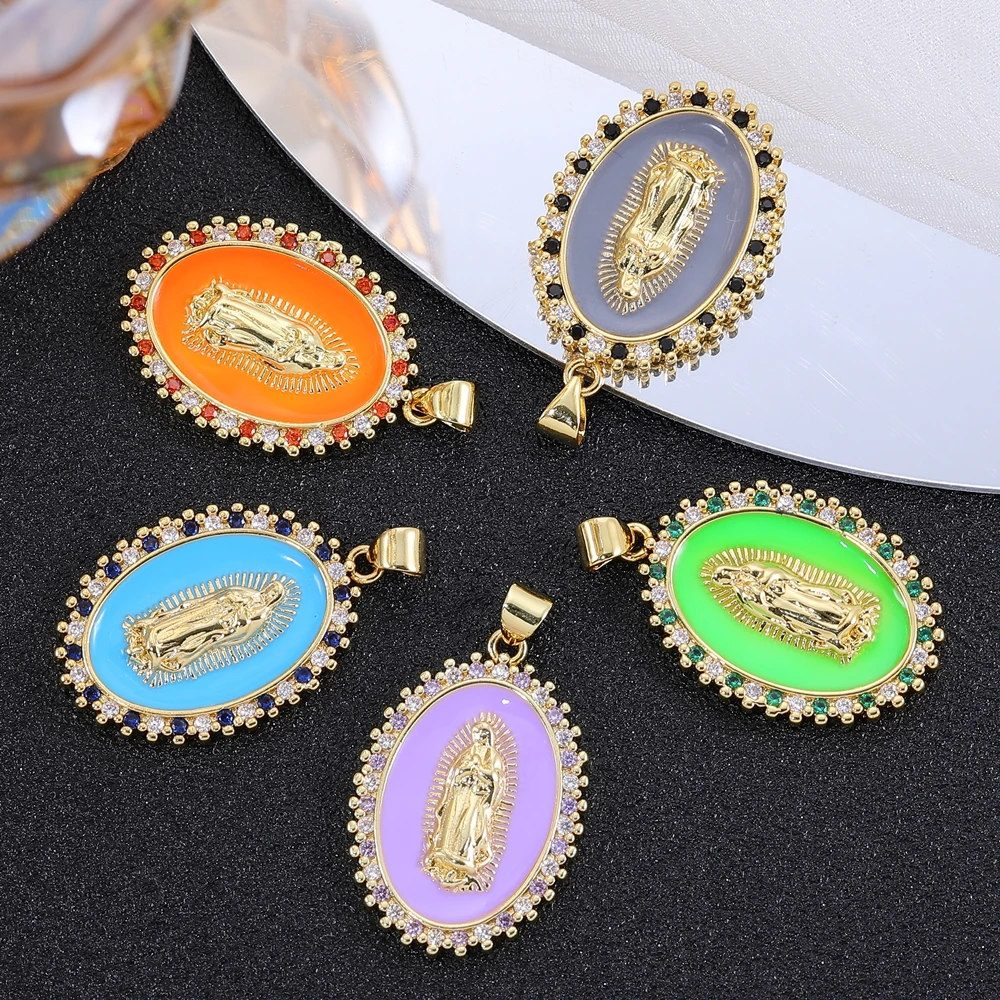 Juya 18K 리얼 골드 도금 포장 된 Cz 세인트 메리 버진 에나멜 수공예품 DIY 기독교 펜던트 부적 보석 만들기위한 매력