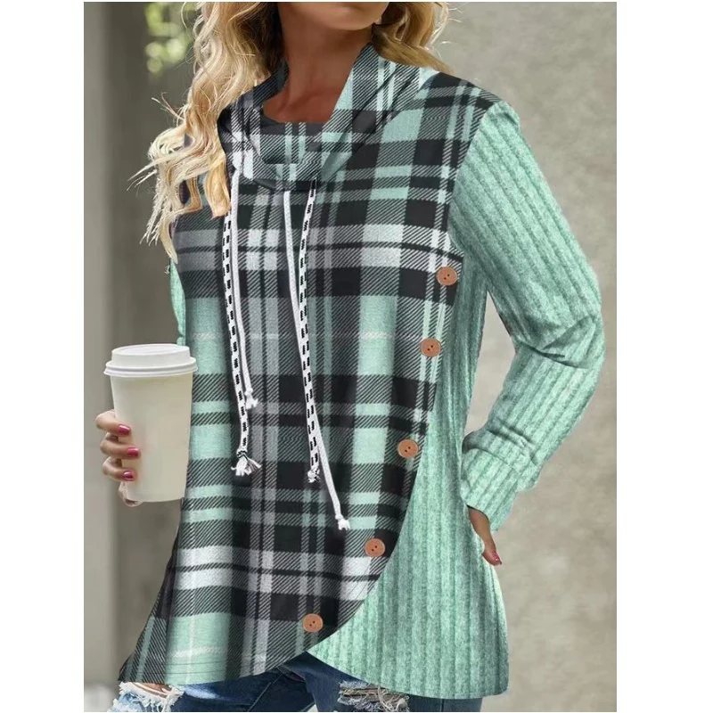 Autumn Winter Loose Casual Vintage Plaid Patchwork Hoodies Ladies Street Style Buttons Hooded Pullovers Women's All-match Top