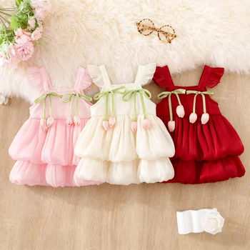 Baby Girl Dress Summer Solid Color Flower Small Fly Sleeve Girl Dress Cute Bow Baby Princess Dress Baby Girl Clothes 1