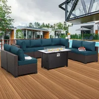 9-Piece Patio Rattan Furniture Set with Gas Fire Pit Table Outdoor Sectional Conversation Couch Brown Wicker Sofa 2