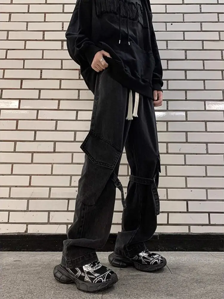 Autumn And Winter New Japanese Overalls Jeans Men And Women American Retro High Street Micro-la Washed Wide-leg Straight Pants 2