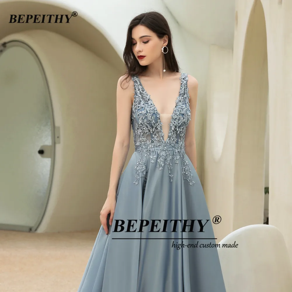 green emerald velvet dress Romantic Blue Evening Dress| Evening Dresses XL / Blue / Satin