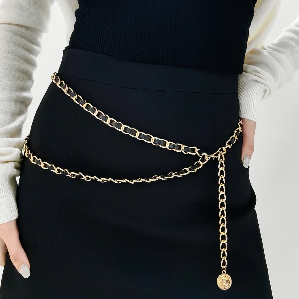 

Women's Black gold double waist chain Haute couture dress Metal chain belt embellished suit skirt Elegant temperament accessorie