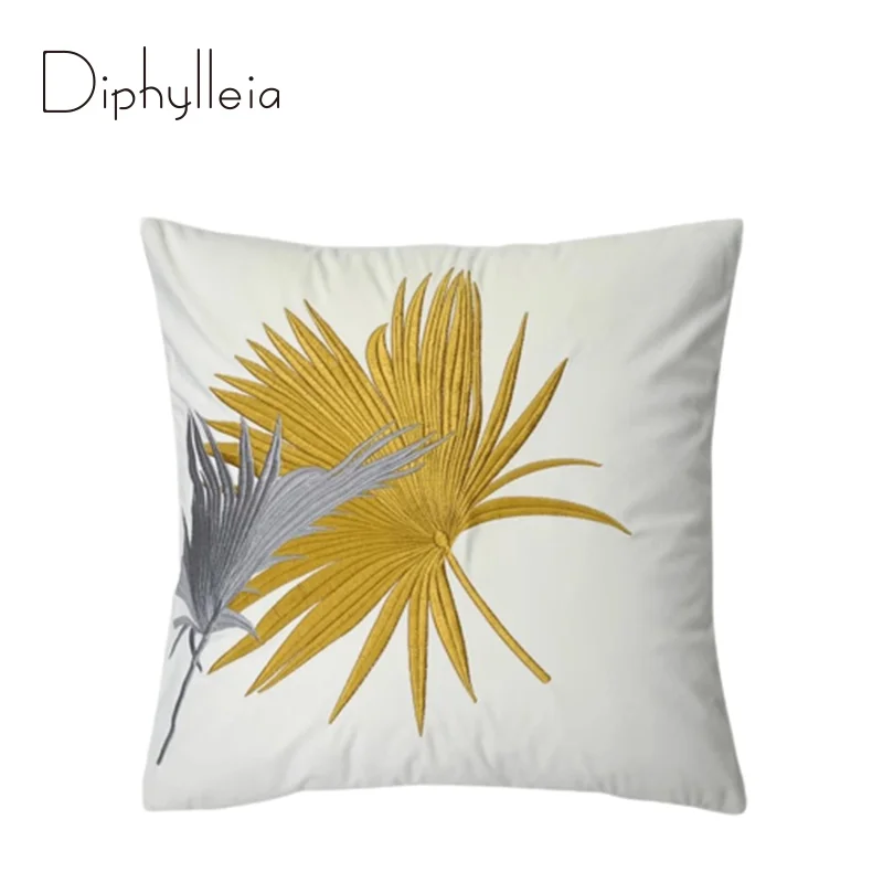 

Diphylleia Cushion Cover Decorative Pillowcase Modern Simple Palm Leaf Embroidery Yellow Green Brown Sofa Chair Bedding Coussin