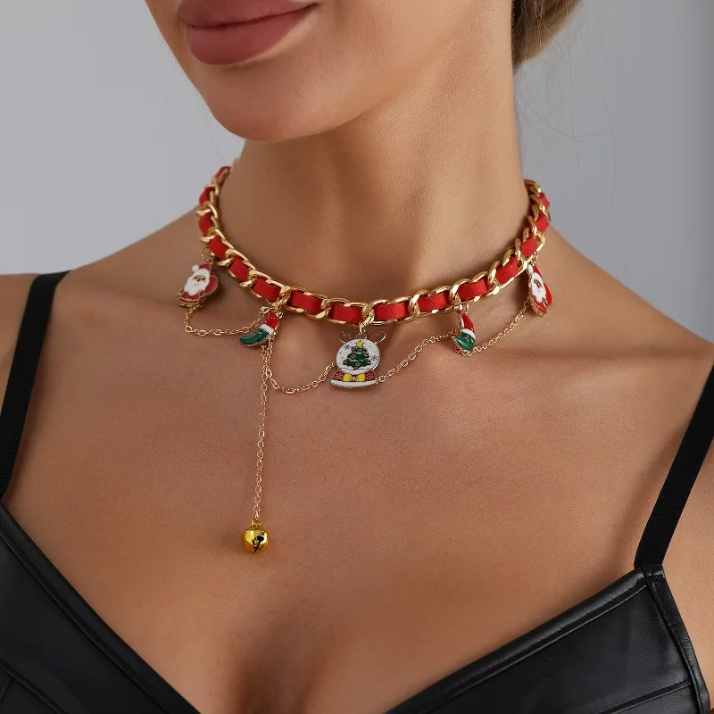 Cute Christmas Red Green Choker Clavicle Necklace for Women Xmas New Year Party Gift Festival Metal Girl Jewelry