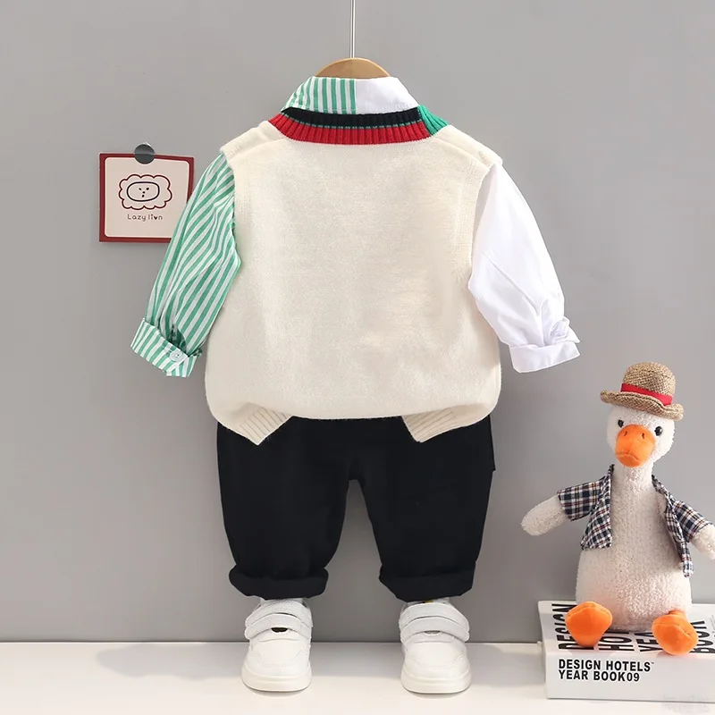 Western Baby Boy Outfit Set Spring Autumn Cartoon V-neck Knitted Sleeveless Vest T-shirts Jeans Kids Suits for Boys Tracksuits