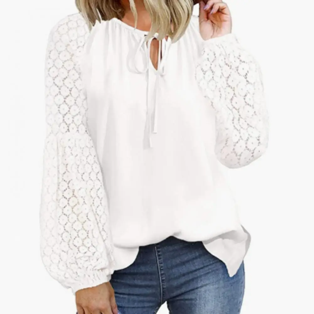 

Lantern Sleeves Women Shirt Lace Hollow Out Long Sleeve Blouse Women's Spring/fall Solid Color Patchwork Lantern Sleeve Shirt