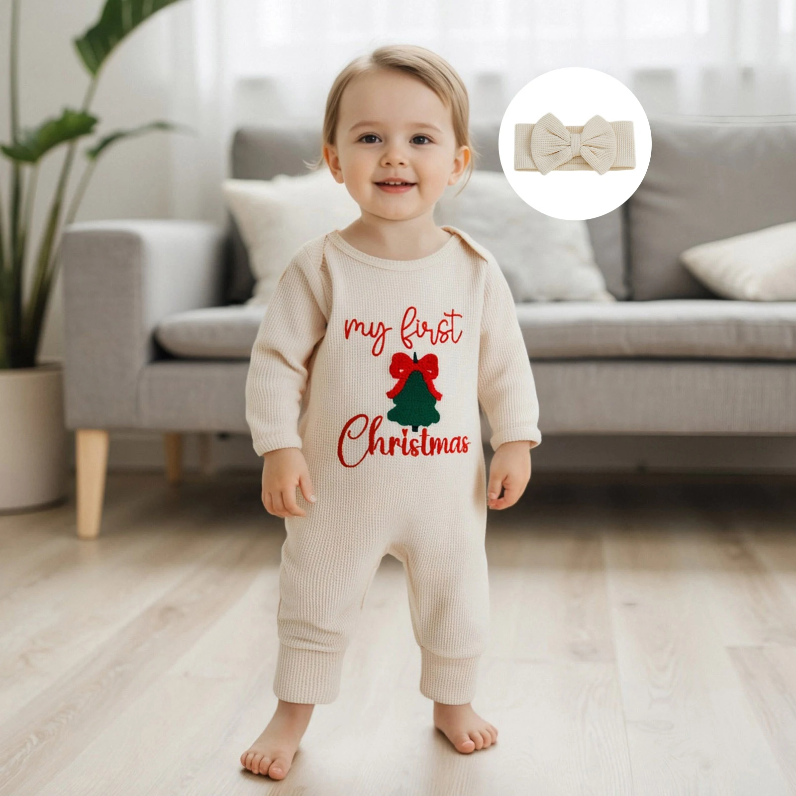 0-6 mesi Il mio primo vestito natalizio per bambina Neonato Babbo Natale Waffle Maglione lavorato a maglia Pagliaccetto Tuta Abiti carini per neonati - immagine 3