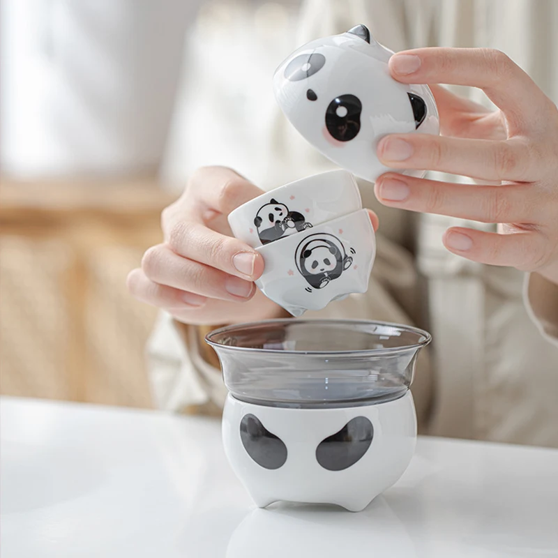 1 set of Panda portable travel tea set, outdoor travel single tea maker, simple camping instant cup, portable cup