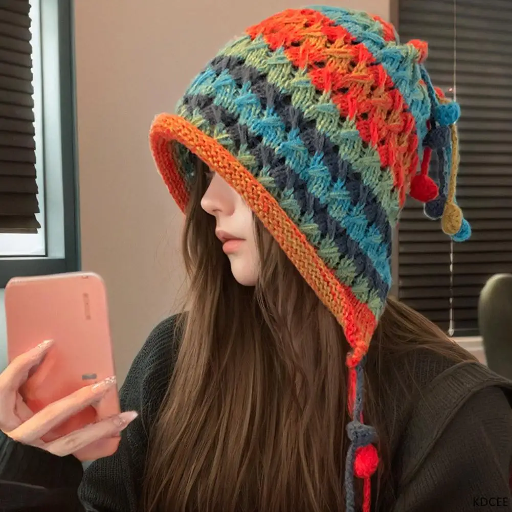1pc Korean Imitation Handmade Crochet Colored Yarn Hat For Women Winter Fashion Nitted Beanie Cap Hm Earflap Tassel Pompom Hat women hat