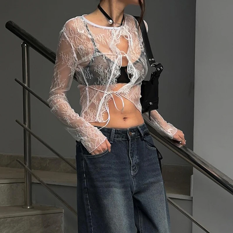 Abrigo fino de encaje transparente y sexy, de manga larga, a la moda, con cordones y cuello redondo, bonito cárdigan de calle para mujer