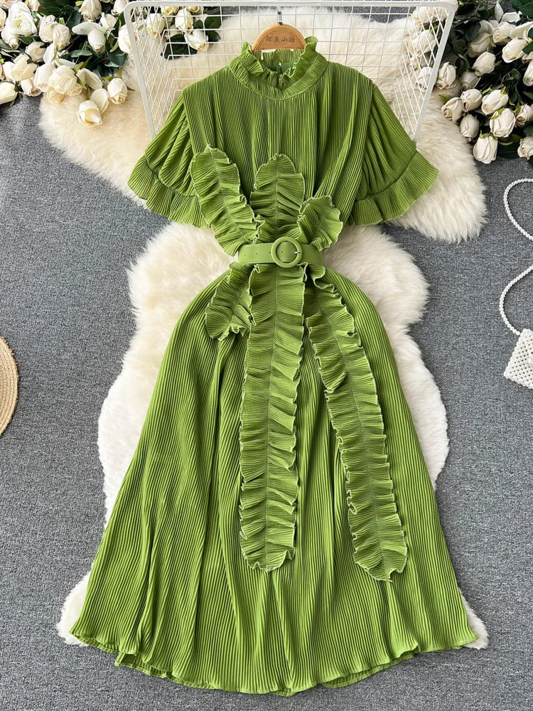 

Summer Women Irregular Pleated Party Long Dress Elegant Vacation Beach Draped Ruffle Vestidos Female Short Sleeve Maxi Robe New